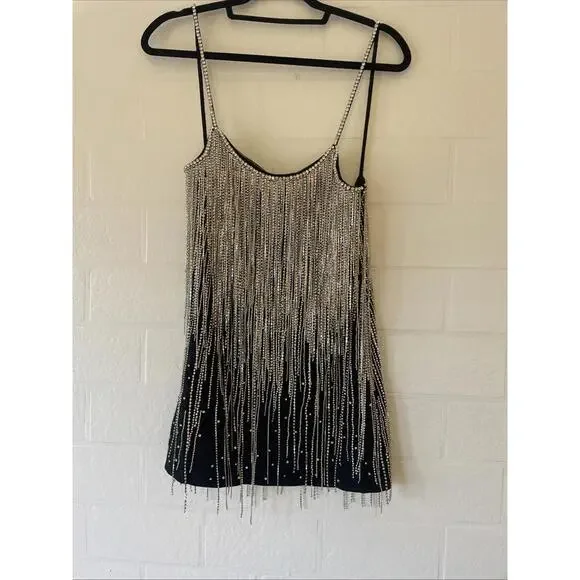 priscilla presley black dress RETROFETE Size S Black Silver Leather Strapless Crystal Studded Mini D   Sui Generis Designer Consignment